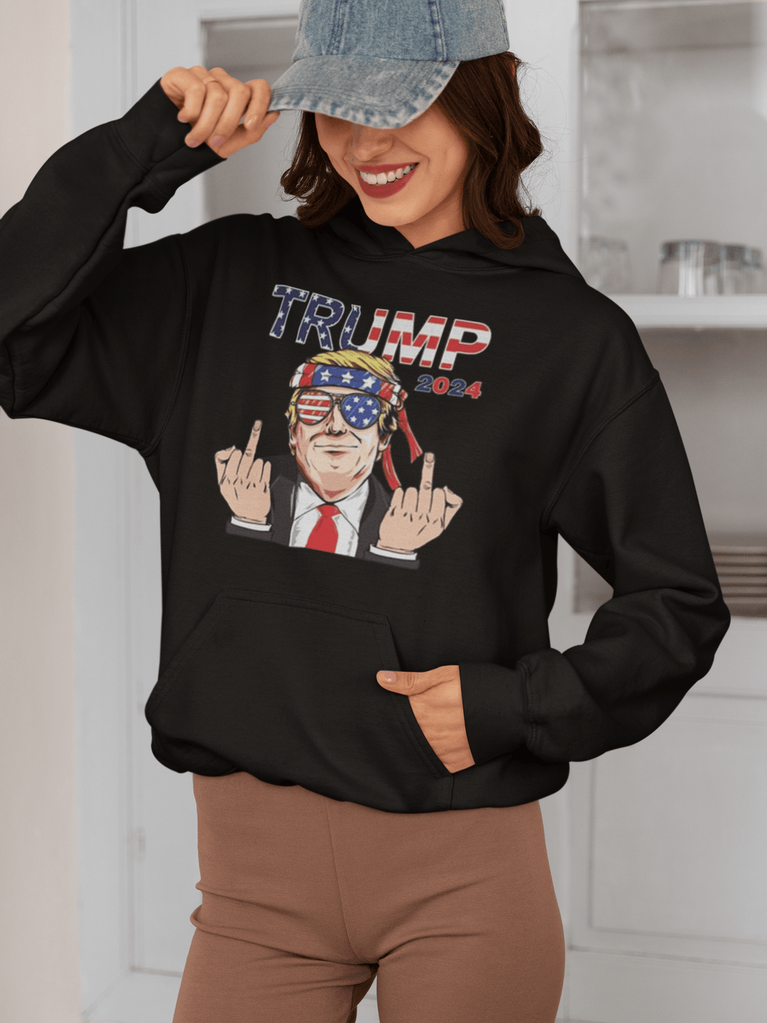 Political Humor Hoodie Animated Trump Giving Middle Finger Ultra Soft Cotton Blend Pullover - TopKoalaTee