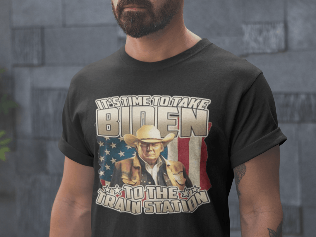 Political T-Shirt Trump Take Biden To Train Station Short Sleeve 100% Cotton Unisex Crew Neck Top - TopKoalaTee