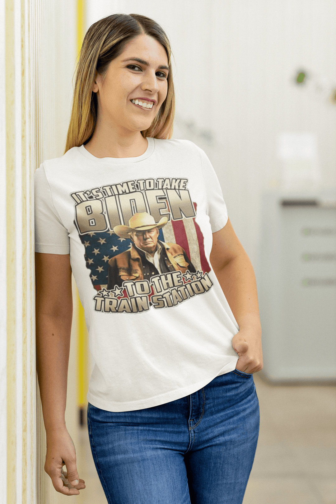 Political T-Shirt Trump Take Biden To Train Station Short Sleeve 100% Cotton Unisex Crew Neck Top - TopKoalaTee