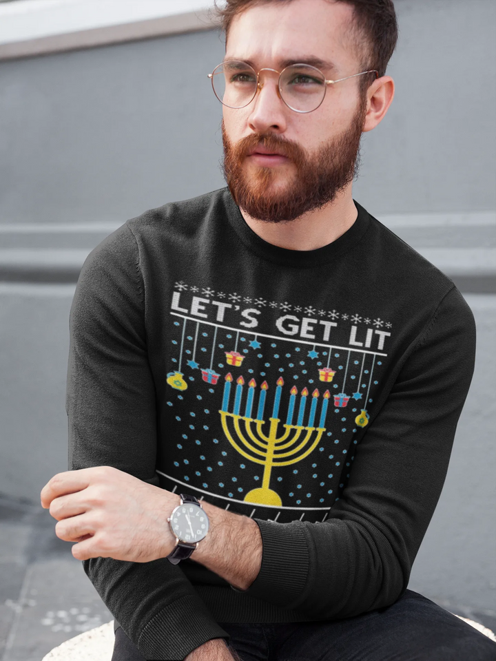 Ugly Chanukah Graphic Crewneck Sweatshirt Let's Get Lit