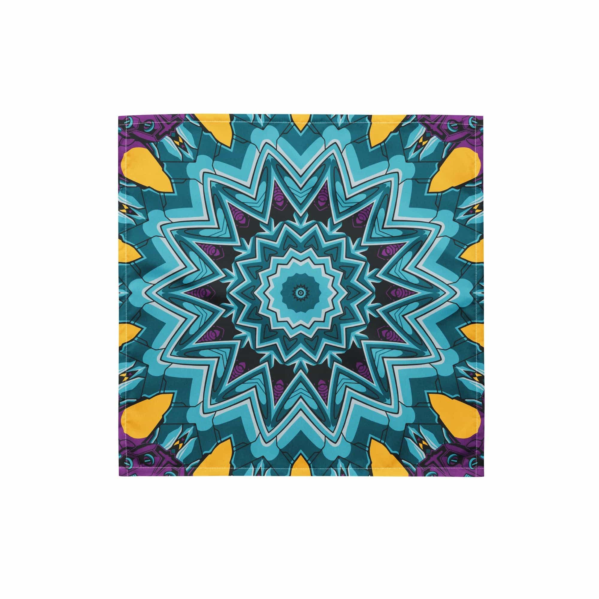 Purple and Turquoise Lotus Flower in Geometric Pattern Designer Neckerchief Bandana - TopKoalaTee
