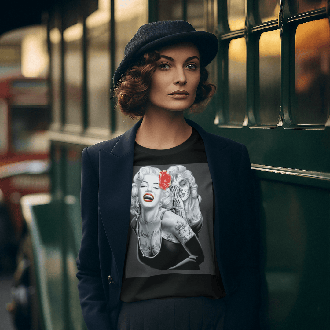 Short Sleeve Crewneck T-shirt Iconic 50's Pinup Girl Portrait Day Of the Dead Cotton Ultra Soft Top - TopKoalaTee