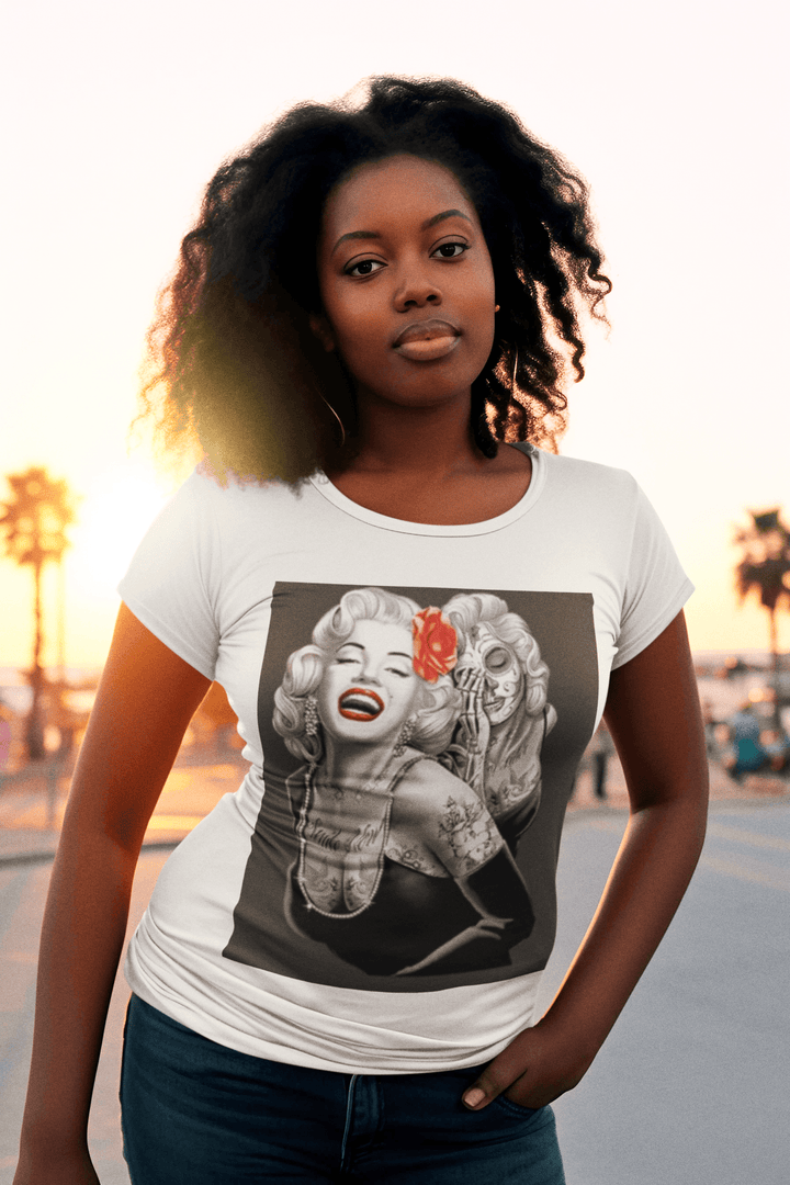 Short Sleeve Crewneck T-shirt Iconic 50's Pinup Girl Portrait Day Of the Dead Cotton Ultra Soft Top - TopKoalaTee