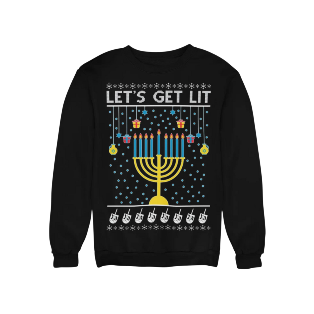 Ugly Chanukah Graphic Crewneck Sweatshirt Let's Get Lit