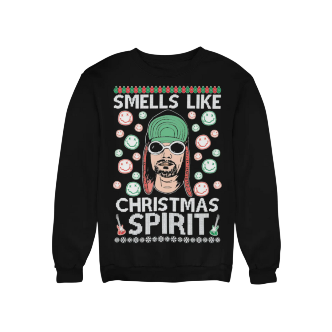 Ugly Christmas Crewneck Graphic Sweatshirt  80's Grunge Smells Like Christmas Spirit