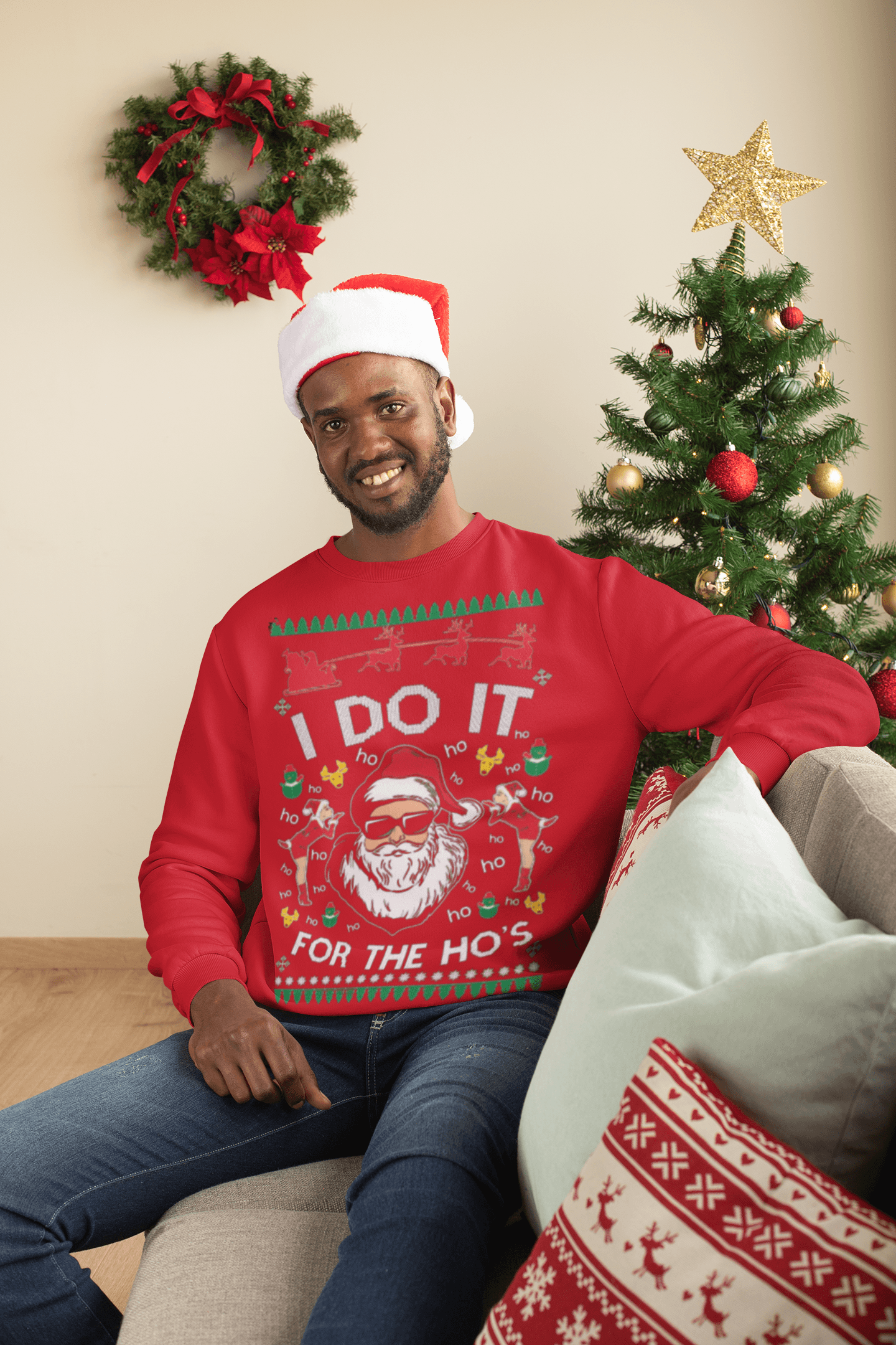 Ugly Christmas Sweater I Do It For The Ho's Crewneck Cotton Blend Pullover