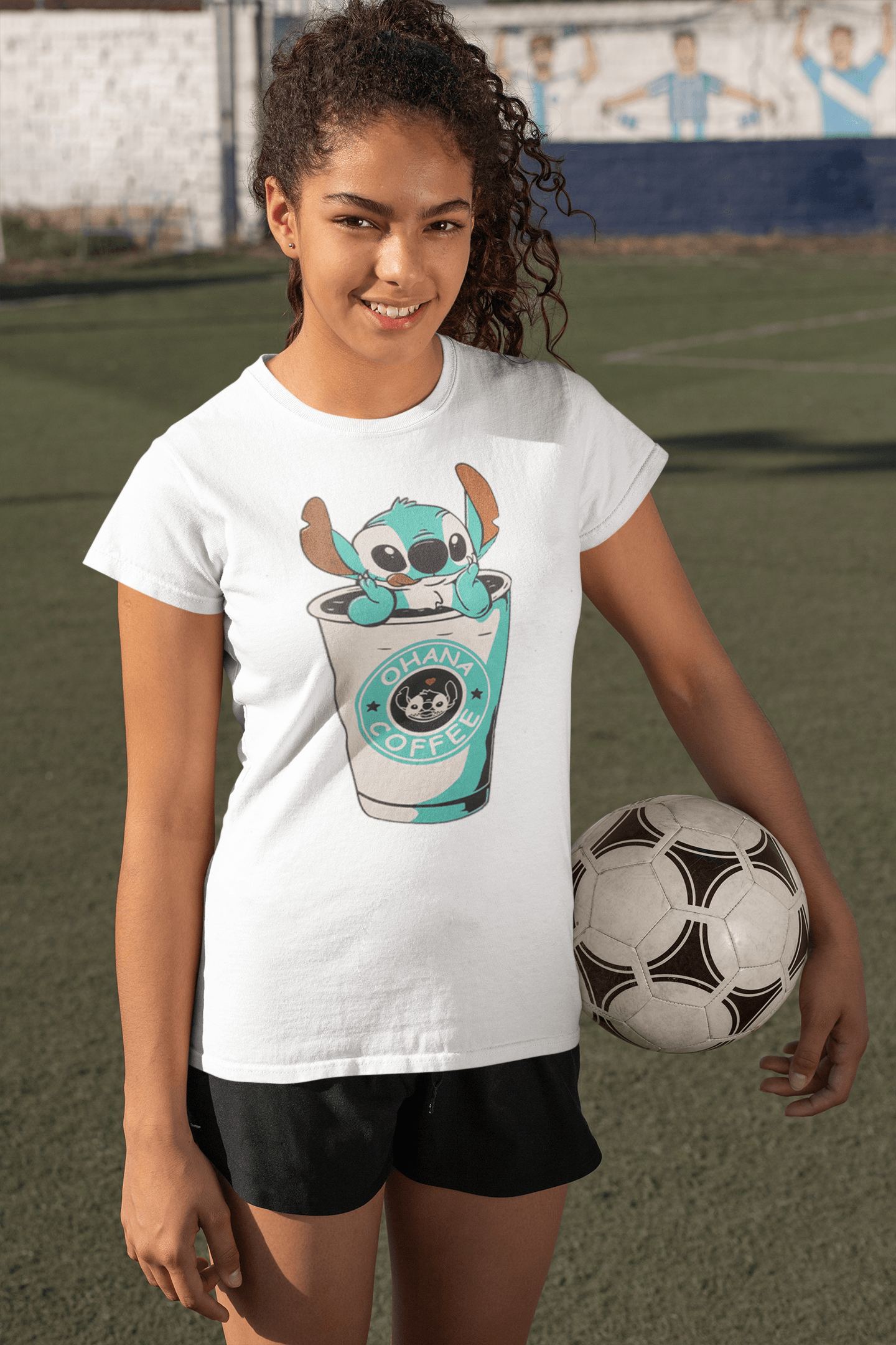 Stitch Ohana T-shirt in Coffee Cup Short Sleeve Unisex Top