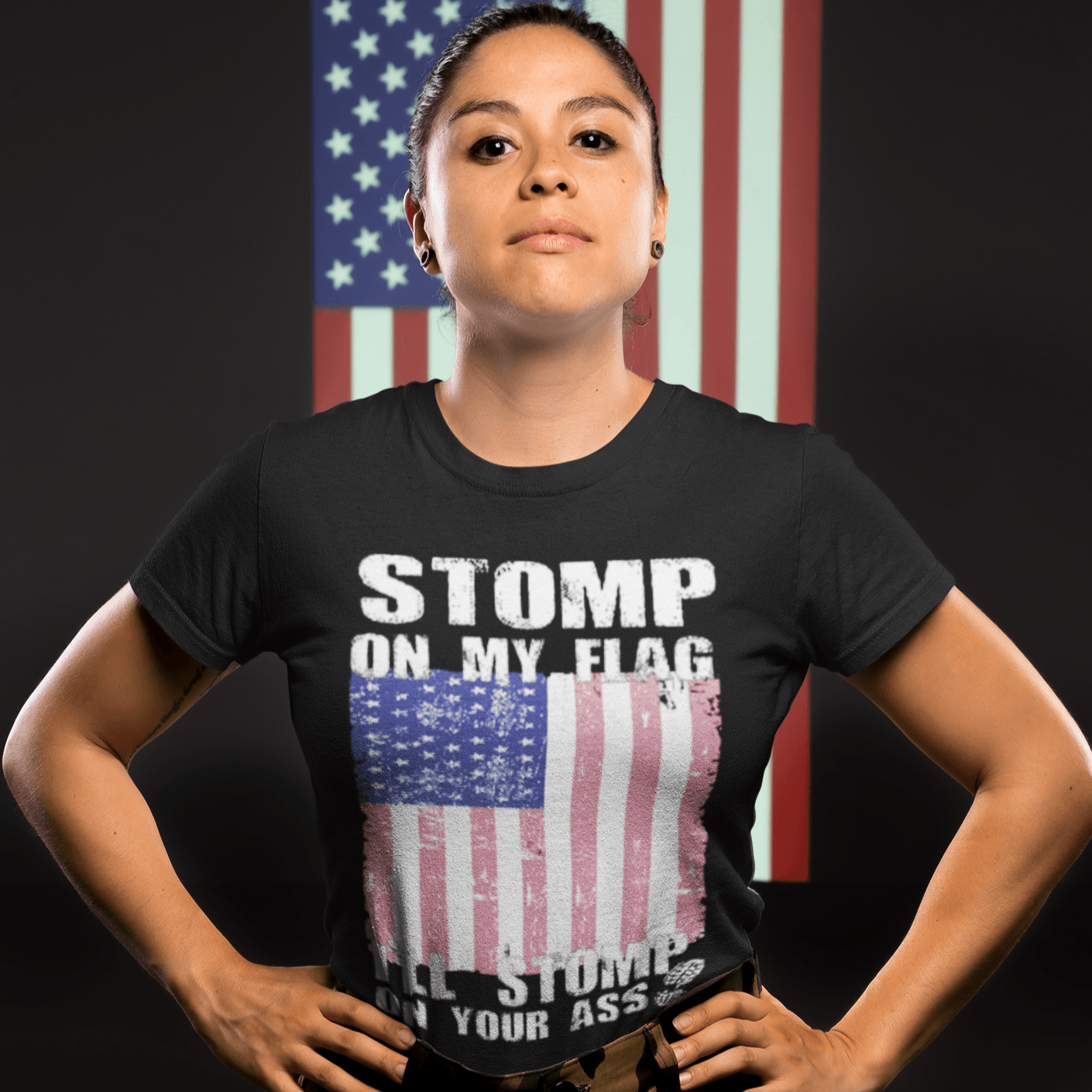 Patriotic T-shirt Stomp on My Flag and I'll Stomp on Your Ass - TopKoalaTee