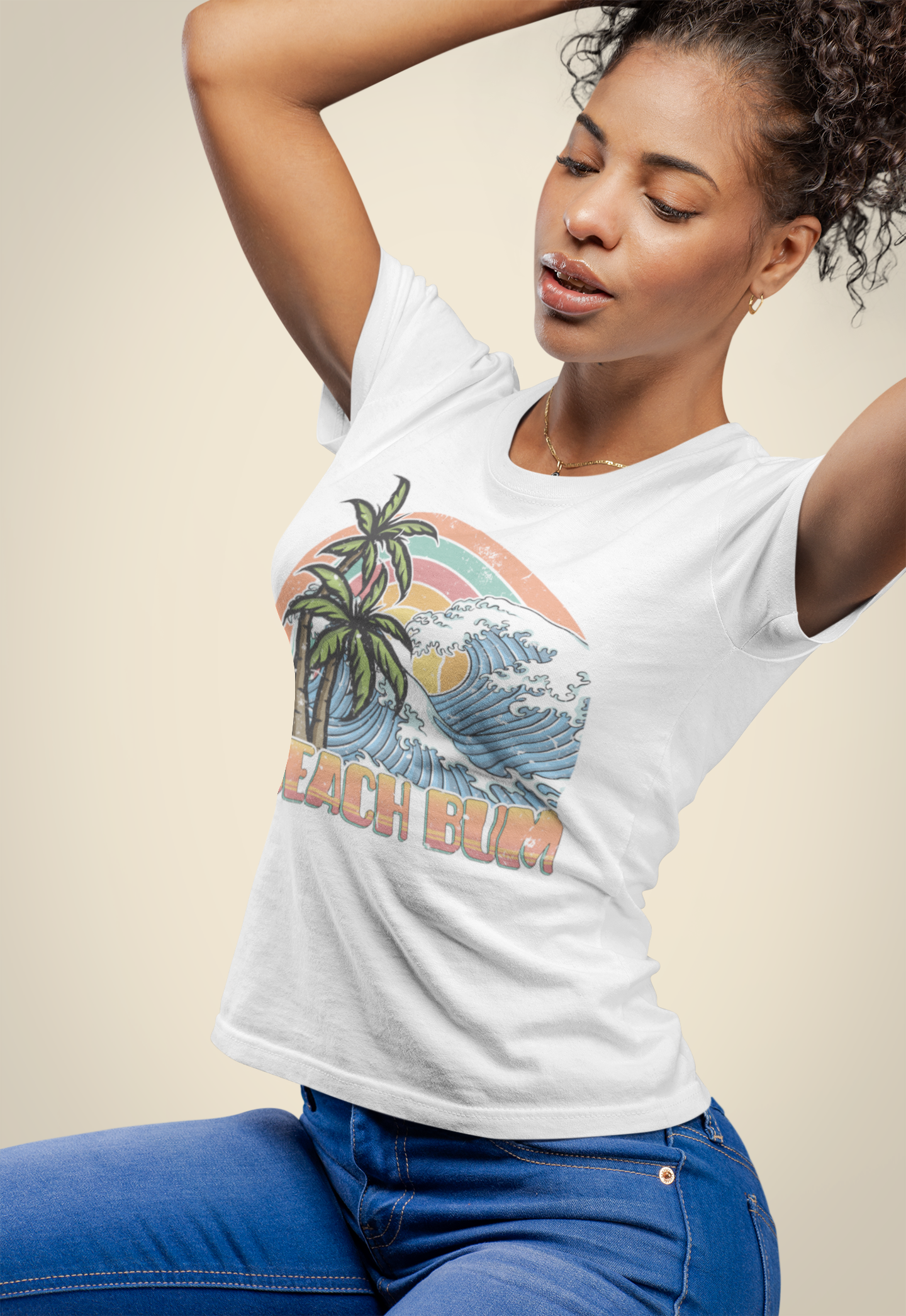Vintage Style T-shirt Beach Bum Short Sleeve Cotton Crewneck Top