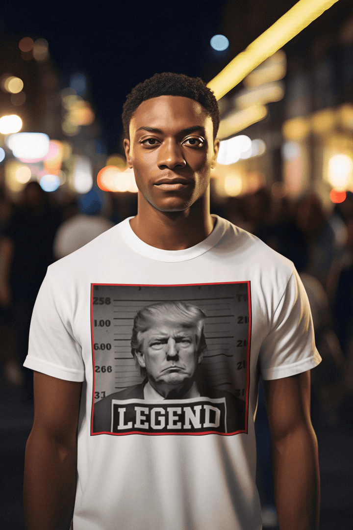 Trump T-shirt Legend Mug Shot Behind Bars Short Sleeve Ultra Soft Cotton Crewneck Unisex Top - TopKoalaTee