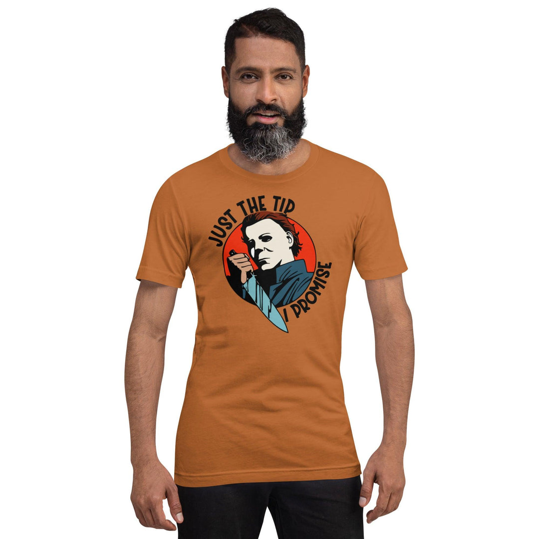 80's T-shirt Horror Film Character Michel Myers Just The Tip I Promise Short Sleeve Unisex DTG Printed Top - TopKoalaTee