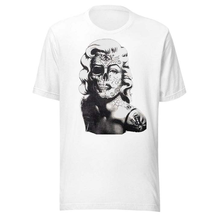 Cotton T-shirt Iconic 50's Pinup Girl With Half Skull Tattoo Unisex Tee - TopKoalaTee