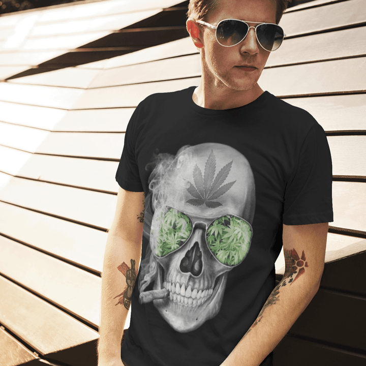 Weed T-shirt Skeleton Smoking Blunt Short Sleeve Lightweight 100% Cotton Crew Neck Top - TopKoalaTee