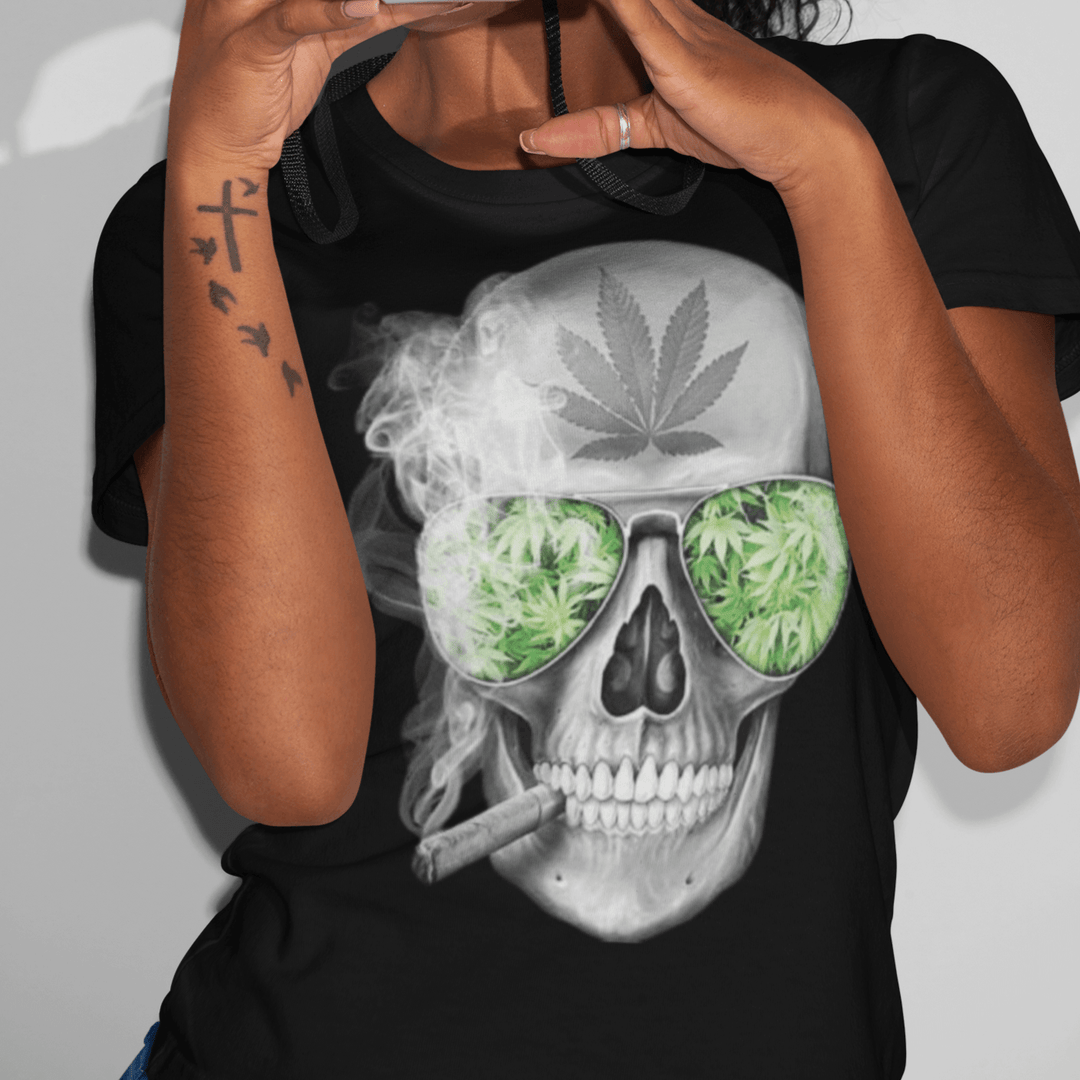 Weed T-shirt Skeleton Smoking Blunt Short Sleeve Lightweight 100% Cotton Crew Neck Top - TopKoalaTee