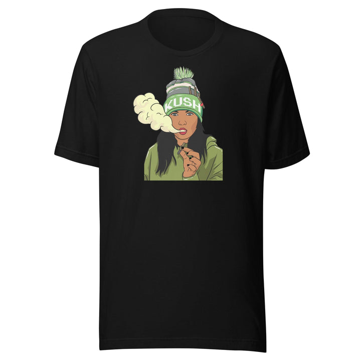 Marijuana T-shirt Sexy Women Blowing Smoke from Blunt Wearing Kush Hat Short Sleeve Unisex Top - TopKoalaTee